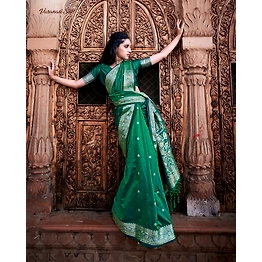 Shree Nakoda Mills Green charm of Varanasi silk sarees with Banaras Zari weaving for Indian women