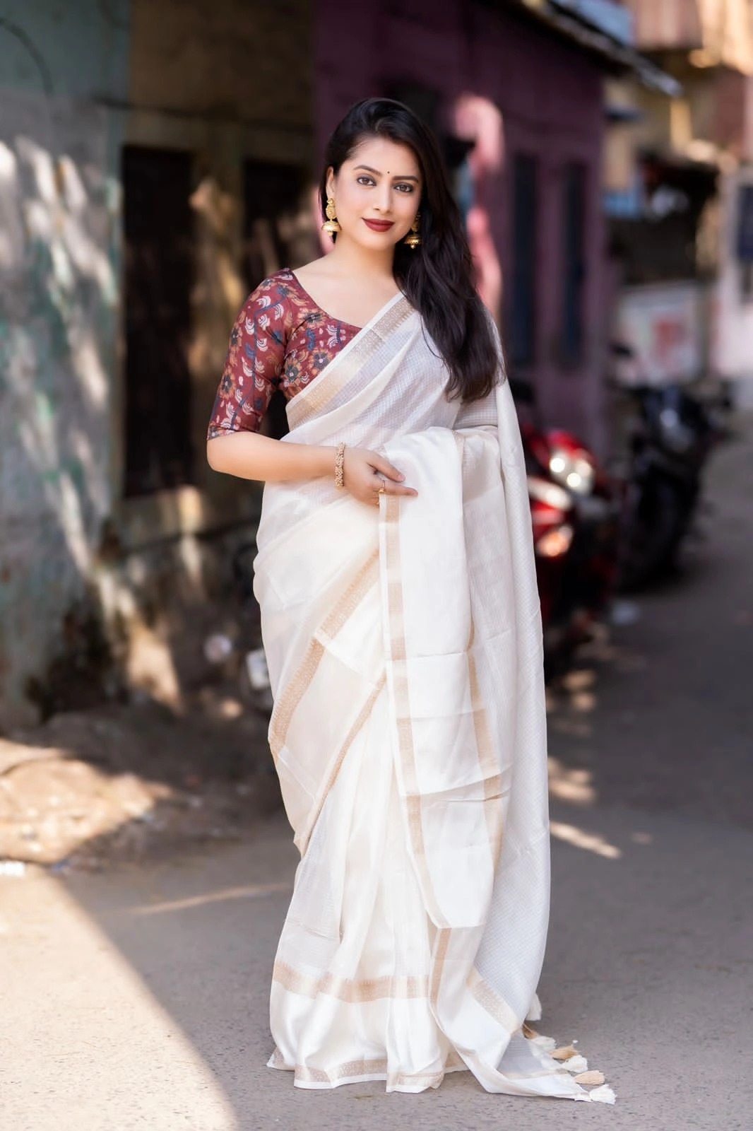 Soft Kota Doria fabric Indian Pattu saree with zari for women and Girls in Best price-OFF WHITE-1