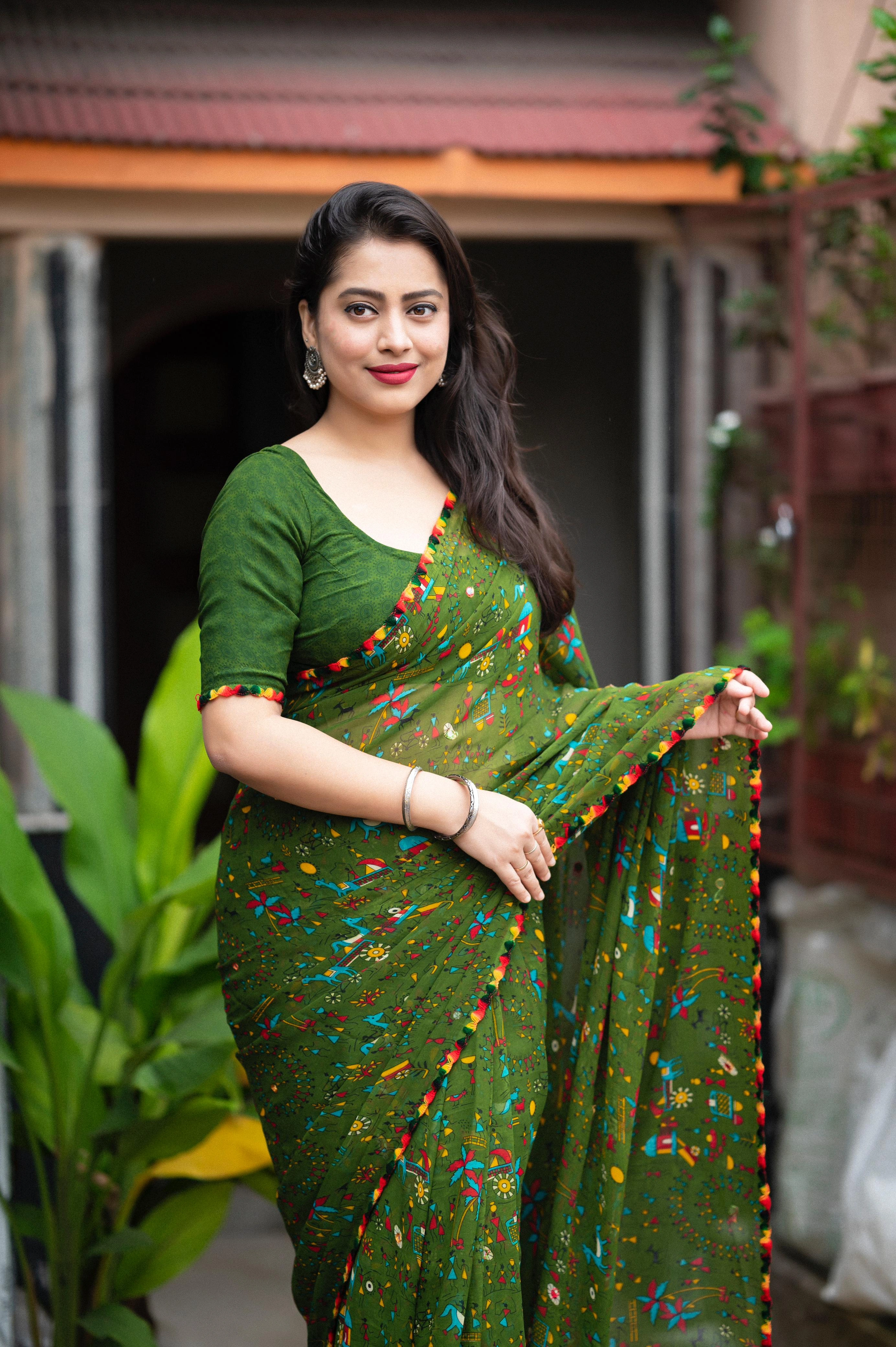 Soft Georgette Indian Printed Saree - Premium Women's Fashion-GREEN-1