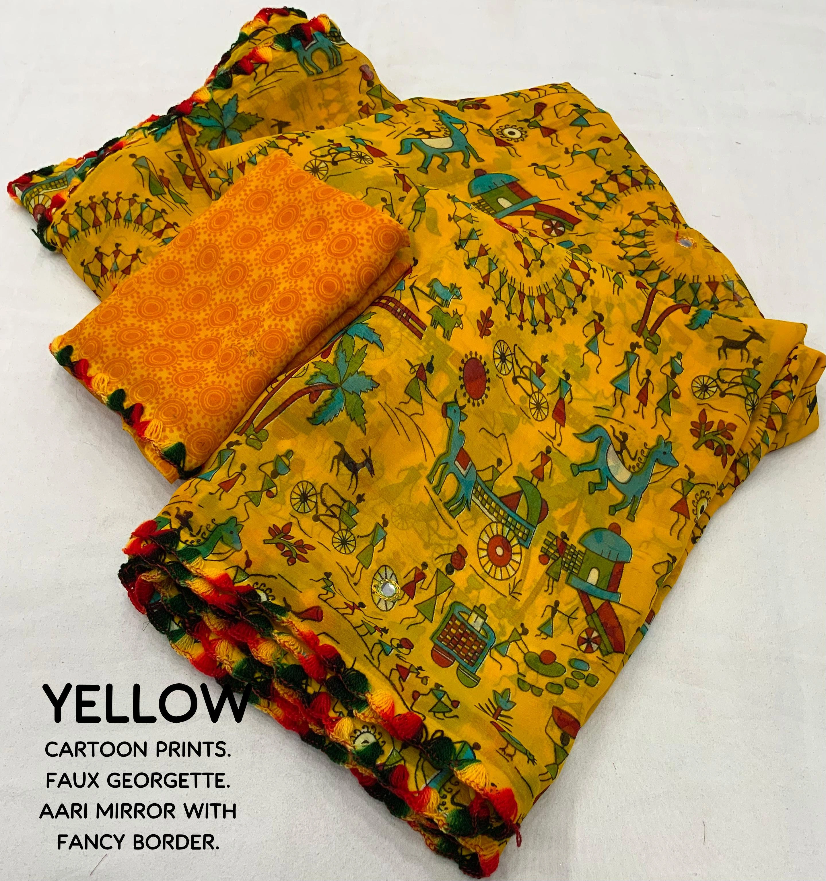 Soft Georgette Indian Printed Saree - Premium Women's Fashion-YELLOW-3