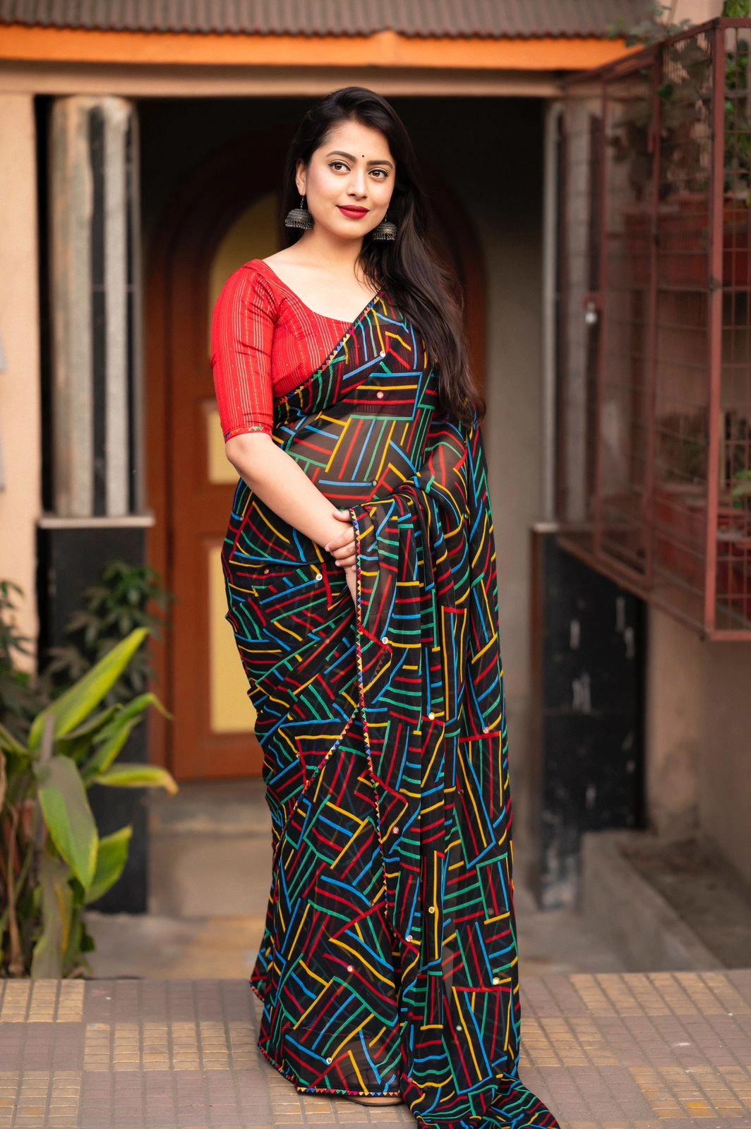 Soft Georgette Saree with Multicolor Geometric Prints | Indian Pattu Saree-12493774