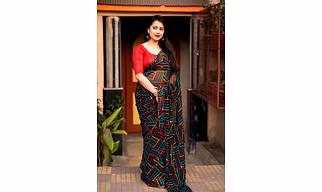 Soft Georgette Saree with Multicolor Geometric Prints | Indian Pattu Saree