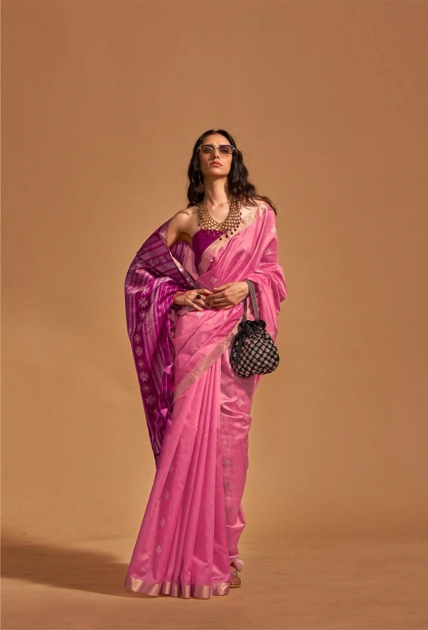 Handwoven Pure Silk Indian Banarsi Saree with Tassels-Pink-1