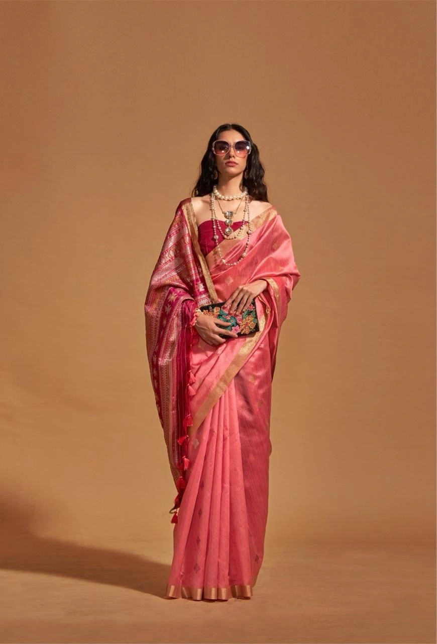 Handwoven Pure Silk Indian Banarsi Saree with Tassels-12507854