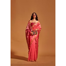 shree nakoda mills handwoven pure silk indian banarsi saree with tassels