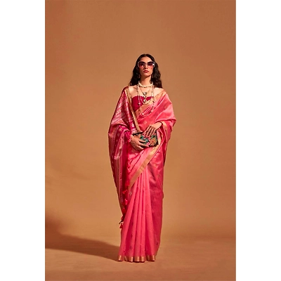 Shree Nakoda Mills Handwoven Pure Silk Indian Banarsi Saree with Tassels