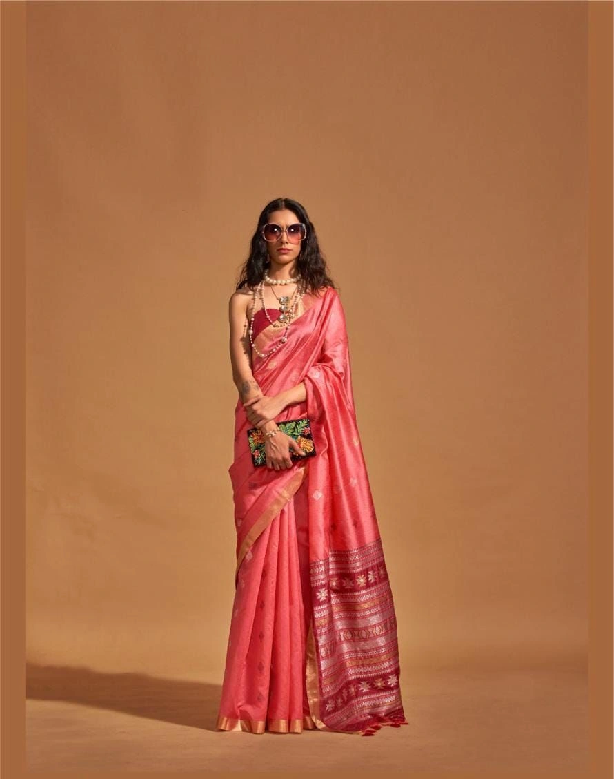 Handwoven Pure Silk Indian Banarsi Saree with Tassels-2