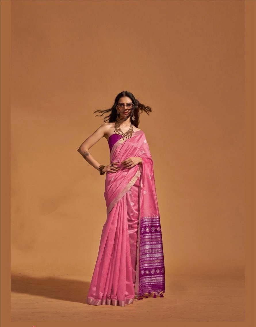 Handwoven Pure Silk Indian Banarsi Saree with Tassels-Pink-2