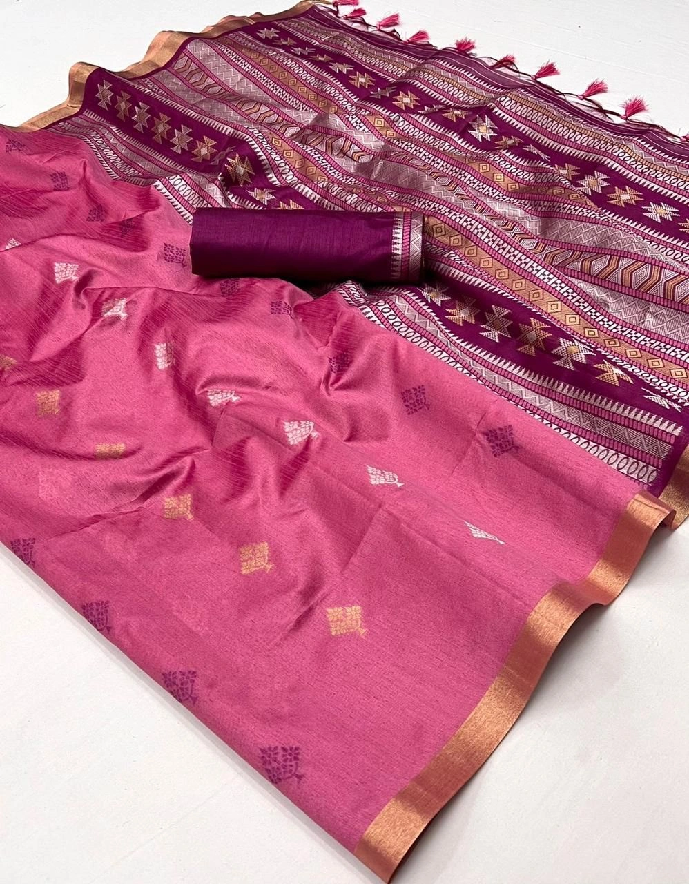 Handwoven Pure Silk Indian Banarsi Saree with Tassels-020KANOISILKPink