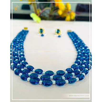 Rababi Blue Drak 3 Layered Mala with Gold Polished Stud Earrings-1