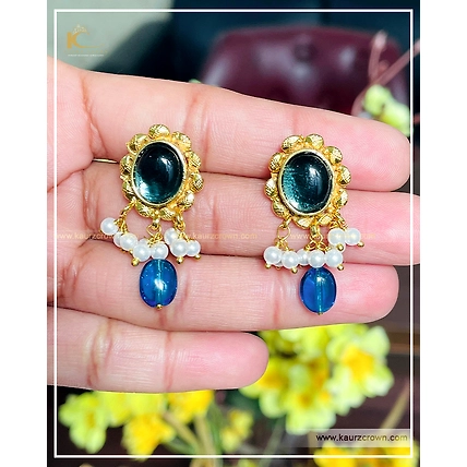 Rababi Blue Drak 3 Layered Mala with Gold Polished Stud Earrings-2