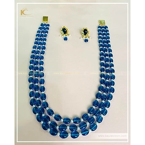 Rababi Blue Drak 3 Layered Mala with Gold Polished Stud Earrings