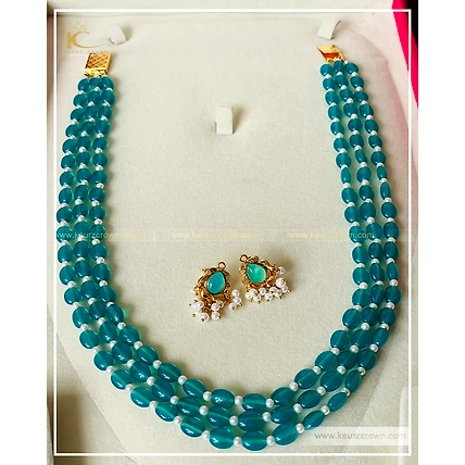 Nazam Blue 3 Layered Mala with Gold Polished Stud Earrings-3