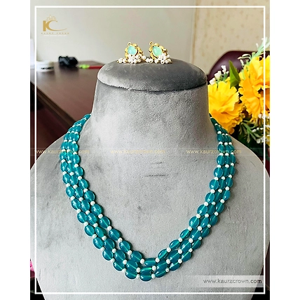 Nazam Blue 3 Layered Mala with Gold Polished Stud Earrings-1