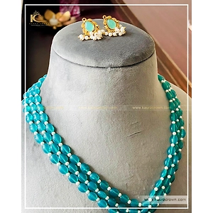 Nazam Blue 3 Layered Mala with Gold Polished Stud Earrings