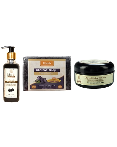 Khadi Shuddha Charcoal Face Wash, Charcoal Soap &amp; Charcaol Hair Wax | No Sls, Sles, &amp; Parabens-Khadi-sudha-charcoal-kit
