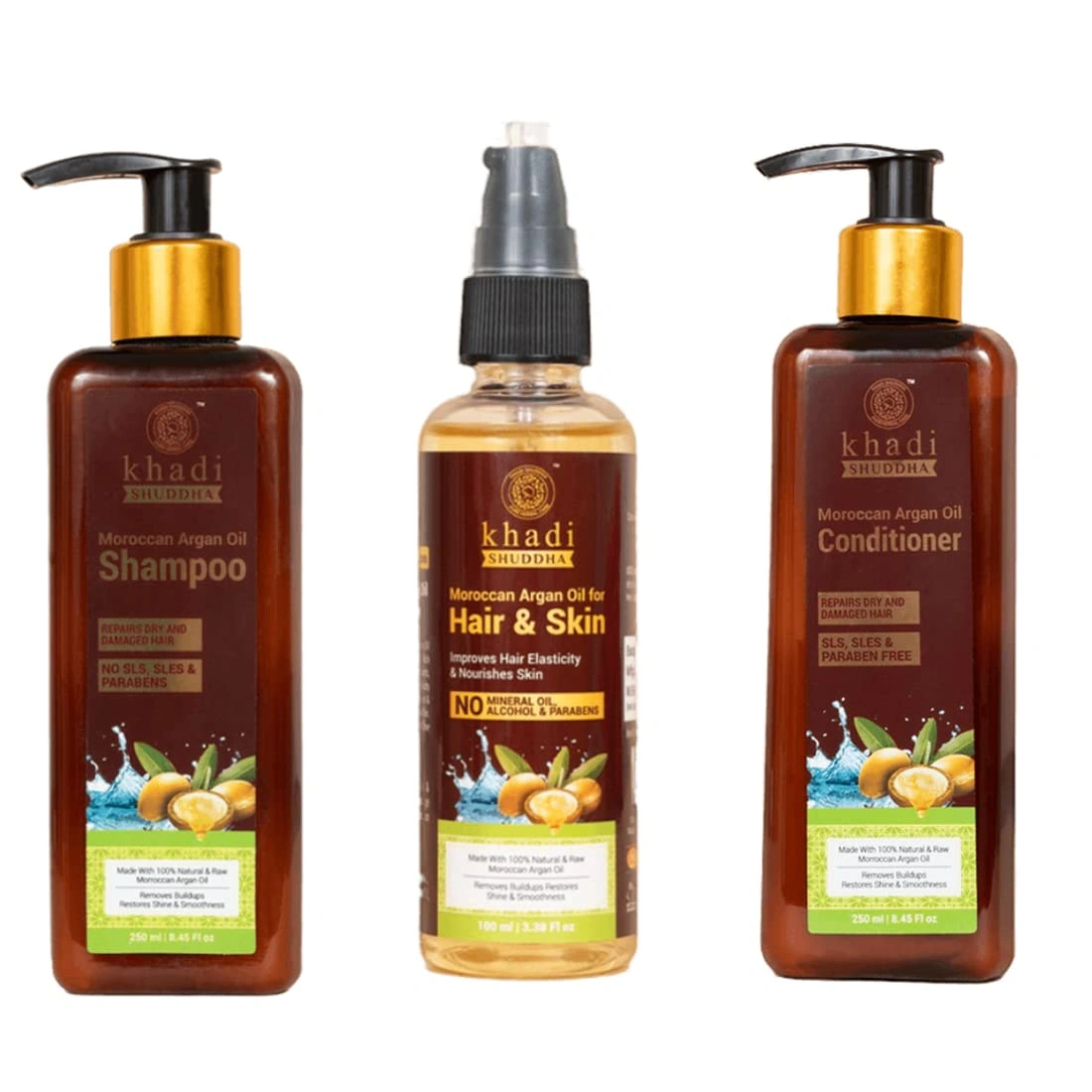 Moroccan Argan Kit (Shampoo, Conditioner, Oil) Repairs Dry &amp; Damaged Hair | No Sls, Sles &amp; Parabens | Made With 100% Natural &amp; Raw Morroccan Argan Oil-Khadi-sudha-moroccan-kit