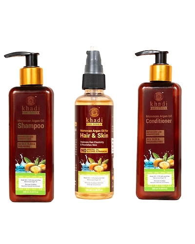 Moroccan Argan Kit (Shampoo, Conditioner, Oil) Repairs Dry &amp; Damaged Hair | No Sls, Sles &amp; Parabens | Made With 100% Natural &amp; Raw Morroccan Argan Oil-Khadi-sudha-moroccan-kit