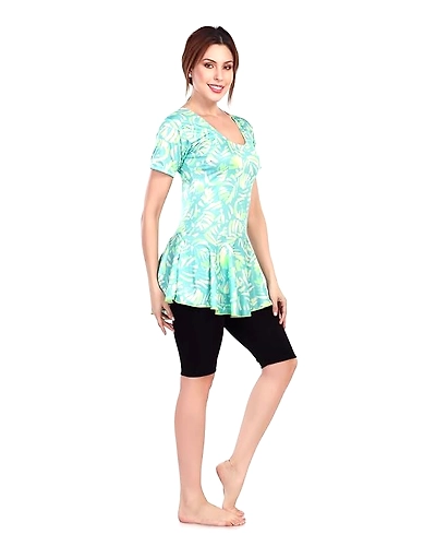 Aquado Poly Jersy - Printed Swimming Costume for Women Frock Style [Half Sleeves - Half Length - Without Pads]-Aquado-aquadance-Green-34