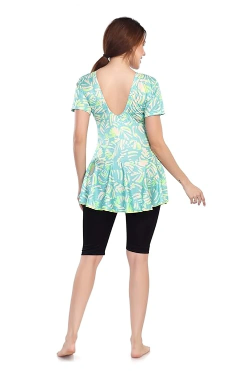 Aquado Poly Jersy - Printed Swimming Costume for Women Frock Style [Half Sleeves - Half Length - Without Pads]-SIZE:-32-5