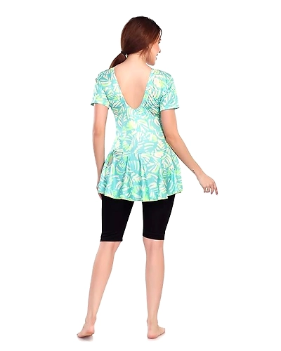Aquado Poly Jersy - Printed Swimming Costume for Women Frock Style [Half Sleeves - Half Length - Without Pads]-M-SIZE:-34-5