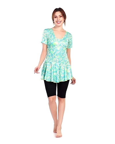 Aquado Poly Jersy - Printed Swimming Costume for Women Frock Style [Half Sleeves - Half Length - Without Pads]-M-SIZE:-34-6