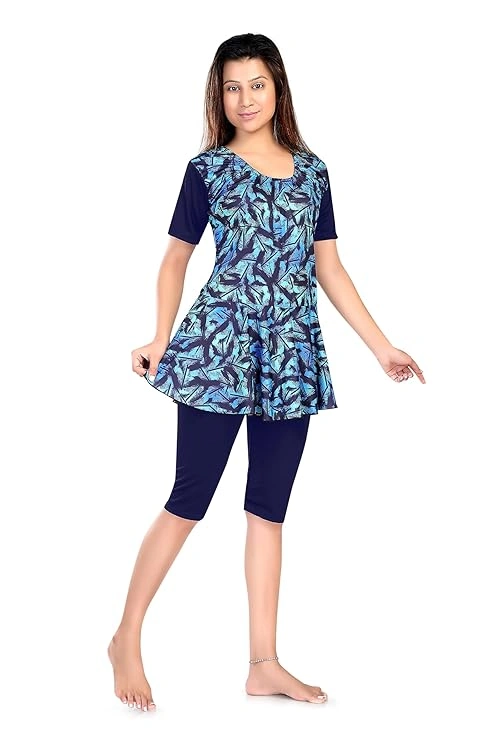 Aquado Poly Jersy - Printed Swimming Costume for Women Frock Style [Half Sleeves - Half Length - Without Pads]-Aquado-aquadance-Navy-32