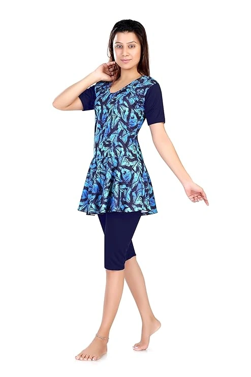 Aquado Poly Jersy - Printed Swimming Costume for Women Frock Style [Half Sleeves - Half Length - Without Pads]-SIZE:-32-1