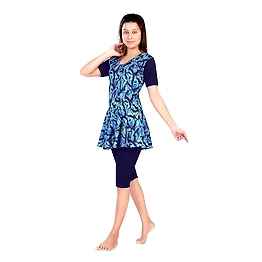Aquado Poly Jersy - Printed Swimming Costume for Women Frock Style [Half Sleeves - Half Length - Without Pads]