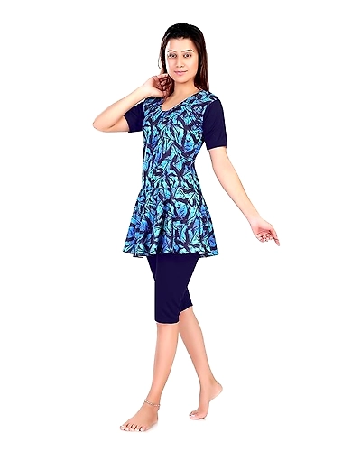 Aquado Poly Jersy - Printed Swimming Costume for Women Frock Style [Half Sleeves - Half Length - Without Pads]-M-SIZE:-34-1