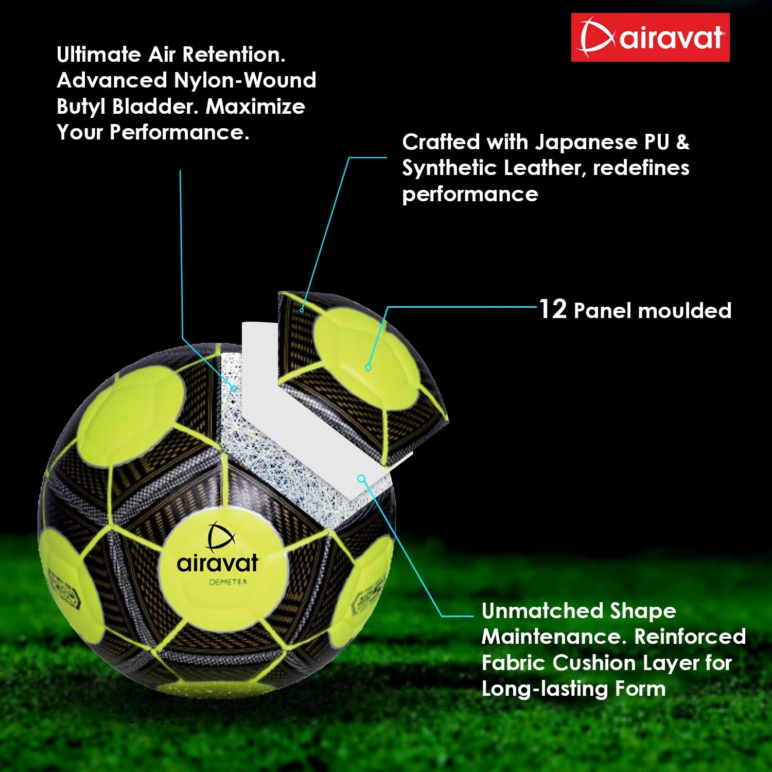 AIRAVAT 7207 Demeter Football Size 5 with 12 Panels | Japanese PU &amp; Synthetic Leather | Weight Range 390-410g | Suitable for All Ground | Soccer Ball for Men &amp; Women (Neon Green)-1