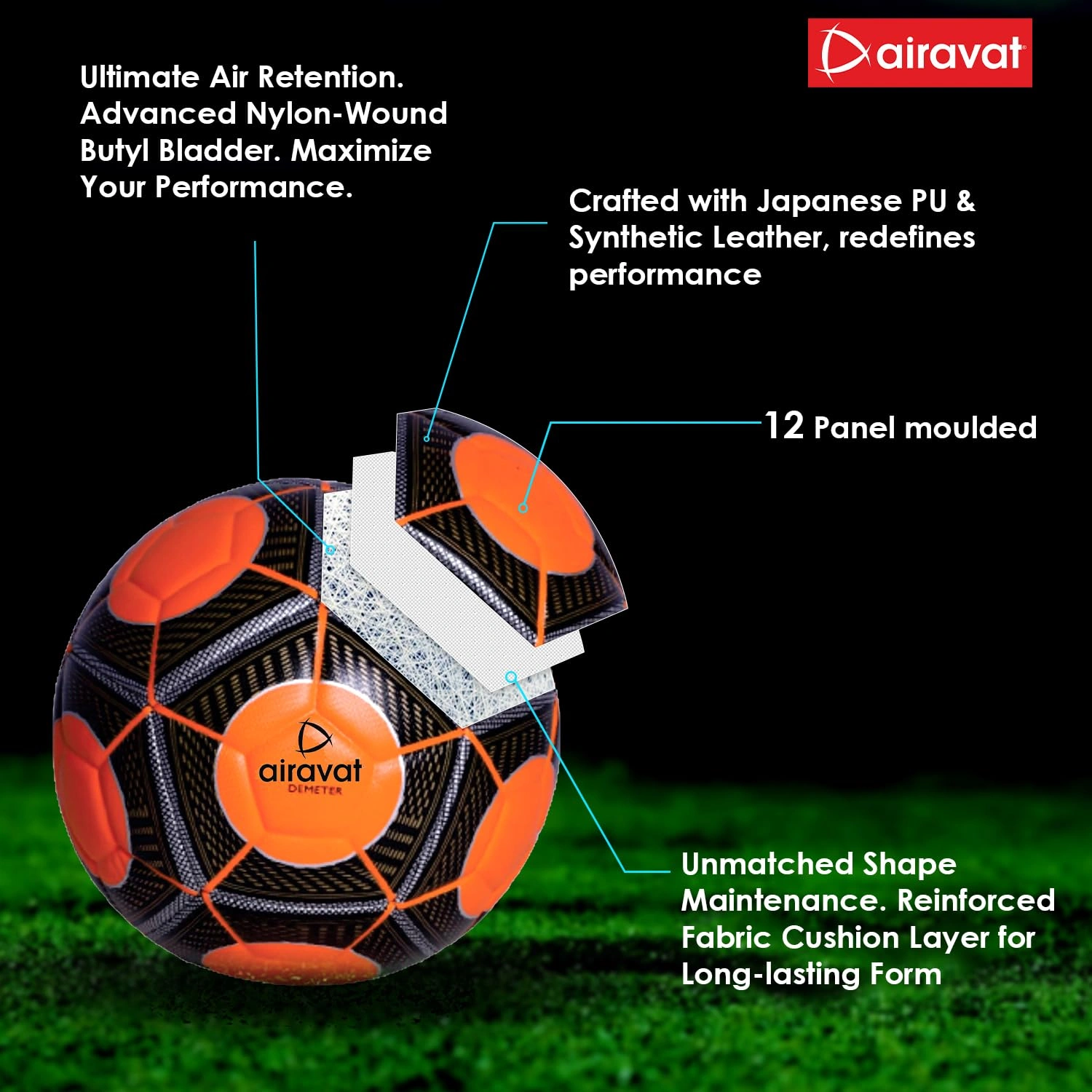 AIRAVAT 7207 Demeter Football Size 5 with 12 Panels | Japanese PU &amp; Synthetic Leather | Weight Range 390-410g | Suitable for All Ground | Soccer Ball for Men &amp; Women (Orange)-3