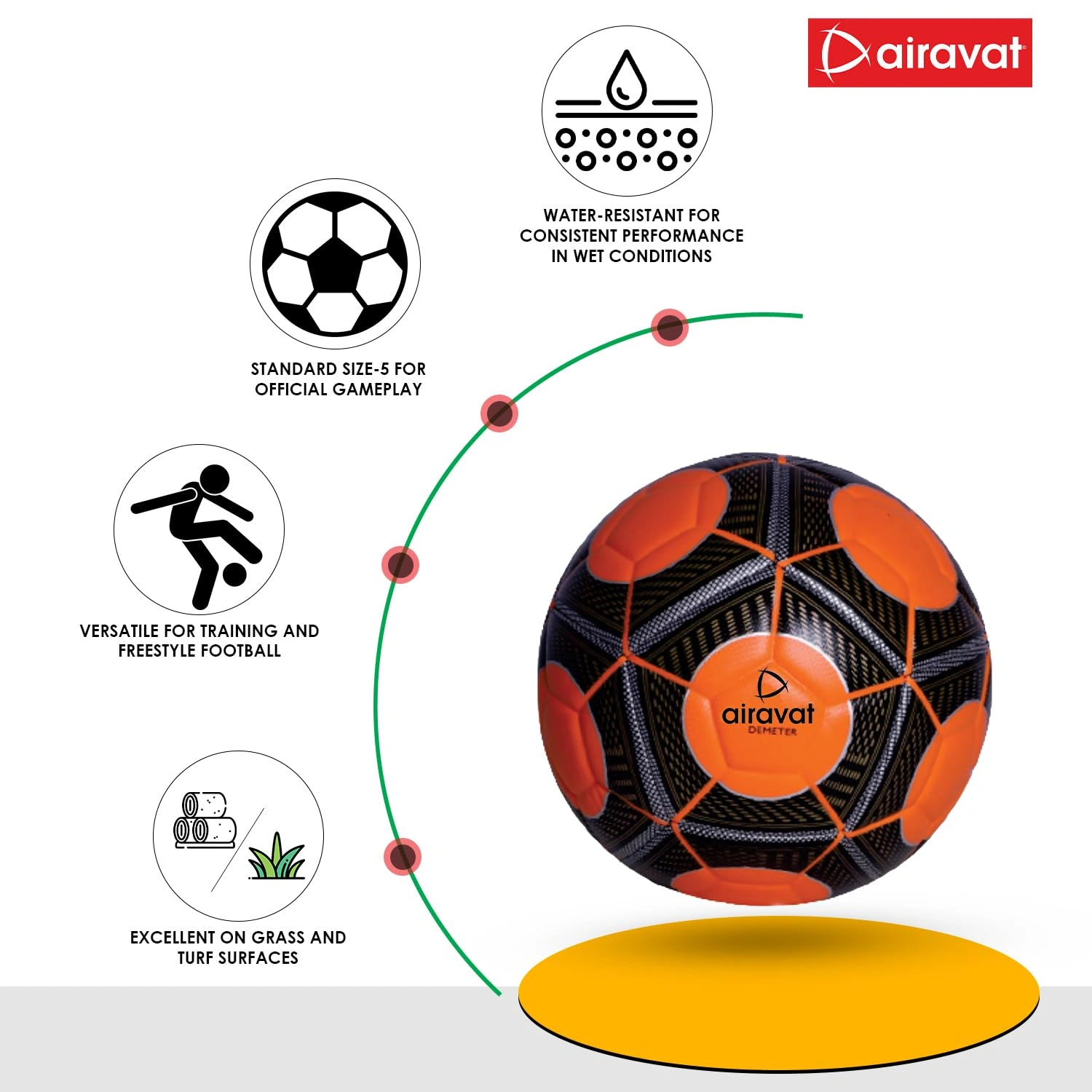 AIRAVAT 7207 Demeter Football Size 5 with 12 Panels | Japanese PU &amp; Synthetic Leather | Weight Range 390-410g | Suitable for All Ground | Soccer Ball for Men &amp; Women (Orange)-1