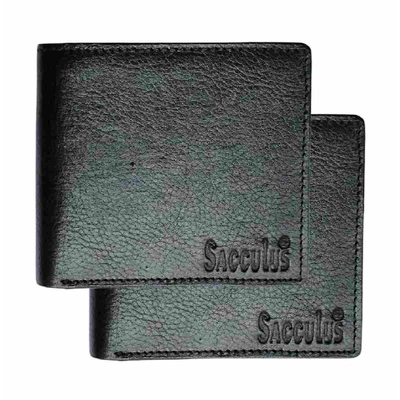 Sacculus® 2 Black Genuine Leather Bifold Wallets in a Yellow Box E2001