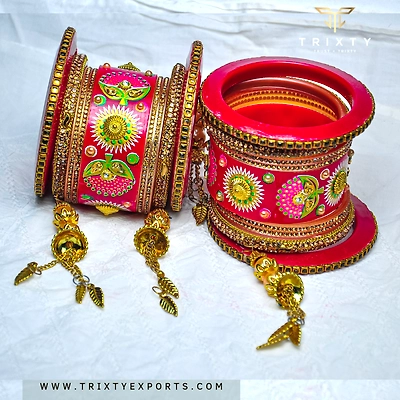 Indian Red Royal design Rajasthani Handcrafted Bridal Chuda Bangles 3 Sets Box