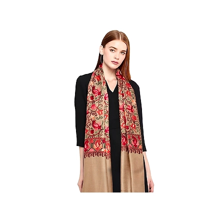CASMIR Women BEIGE &amp; RED, Green Embroidered Stole-S901-BEIGE