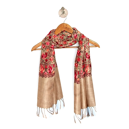 CASMIR Women BEIGE &amp; RED, Green Embroidered Stole-BEIGE-2