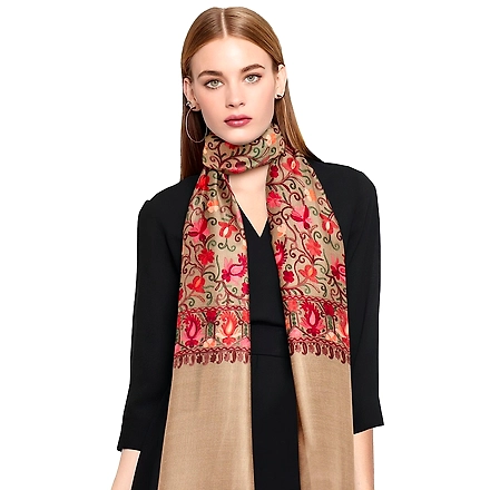 CASMIR Women BEIGE &amp; RED, Green Embroidered Stole-BEIGE-4