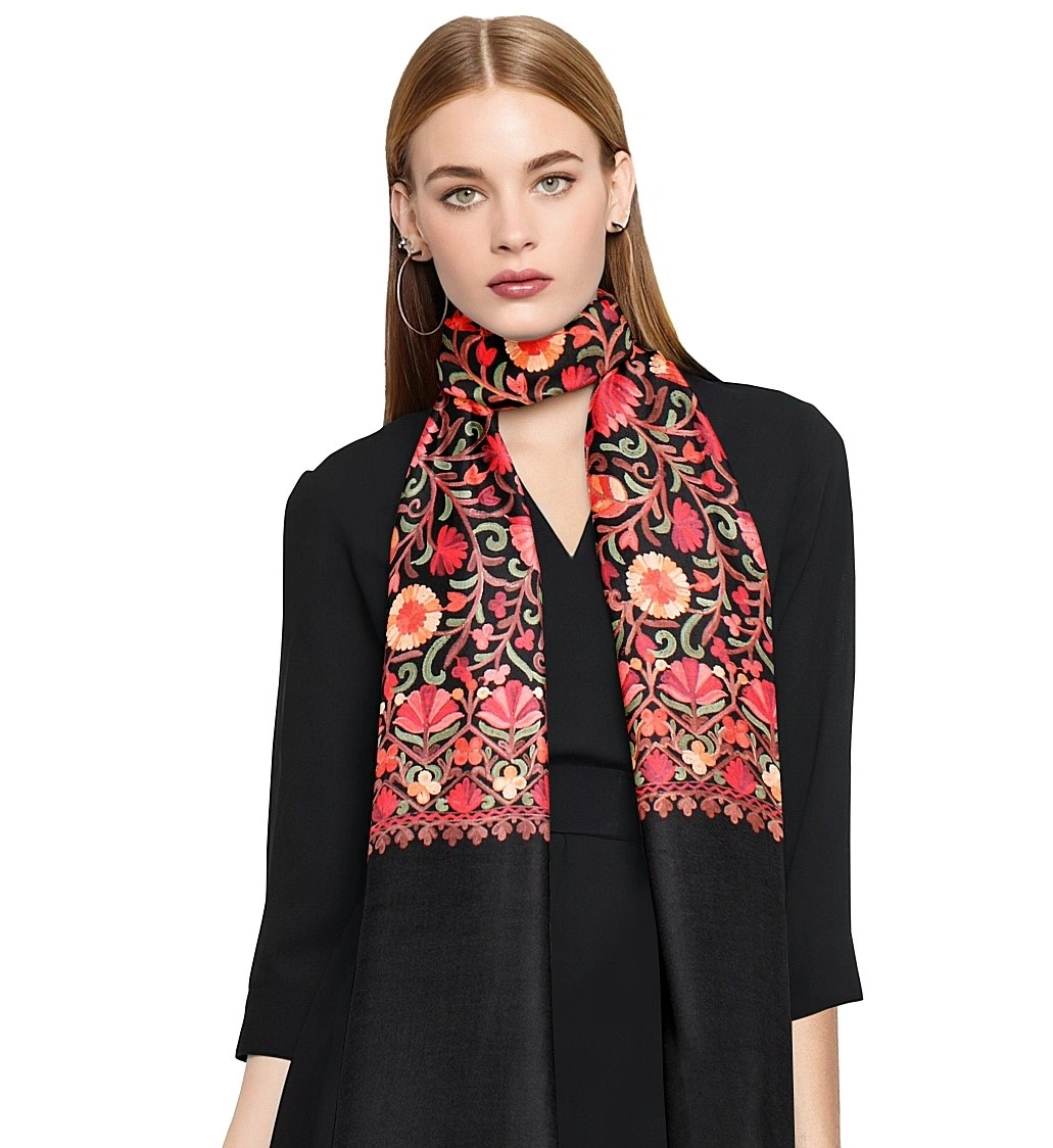 CASMIR  Women Black &amp; Green Embroidered STOLE (S902)-BLACK-3