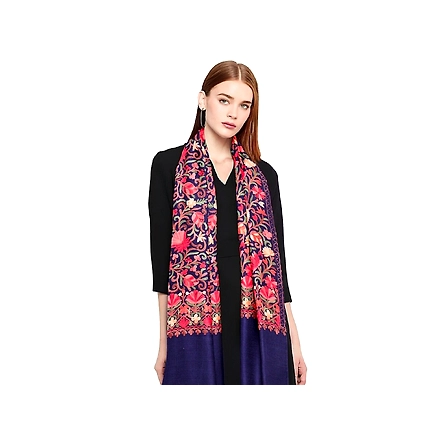 CASMIR Women NAVY &amp; RED ,Green Embroidered STOLE (S902)-NAVY-3