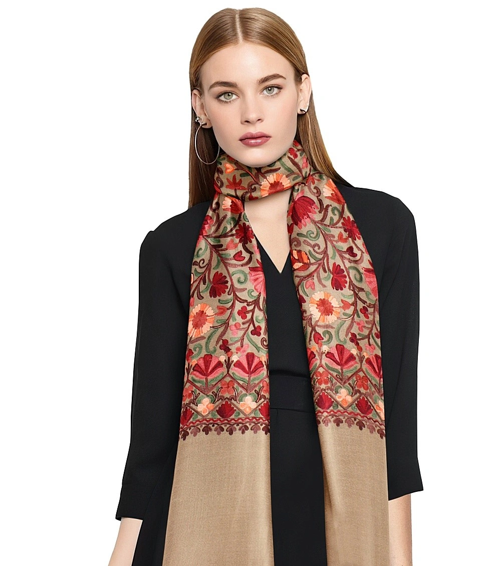 CASMIR Women BEIGE &amp; RED, Green Embroidered STOLE (S902)-BEIGE-4