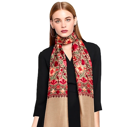 CASMIR Women BEIGE &amp; RED, Green Embroidered STOLE (S902)-BEIGE-4