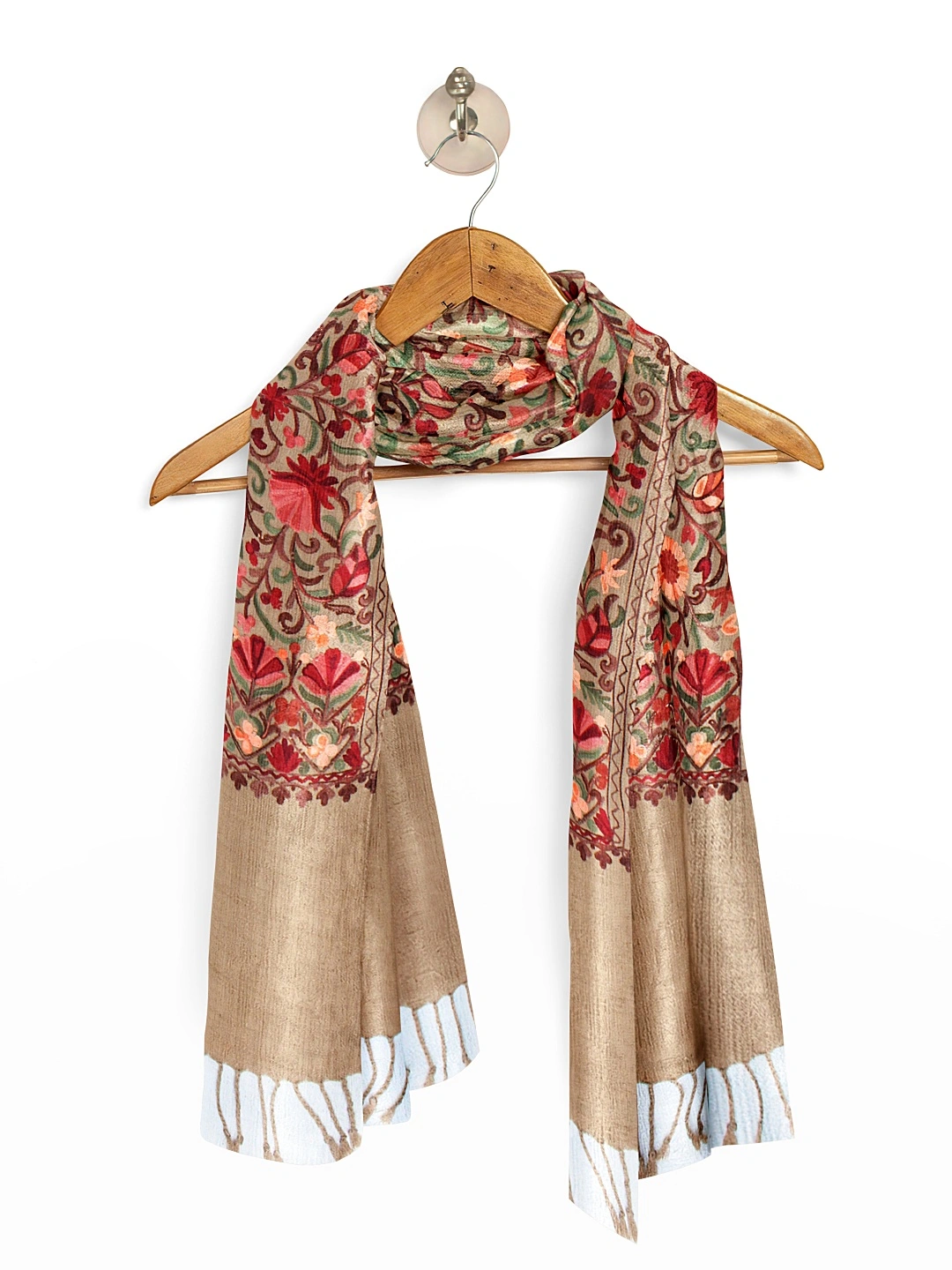 CASMIR Women BEIGE &amp; RED, Green Embroidered STOLE (S902)-BEIGE-5