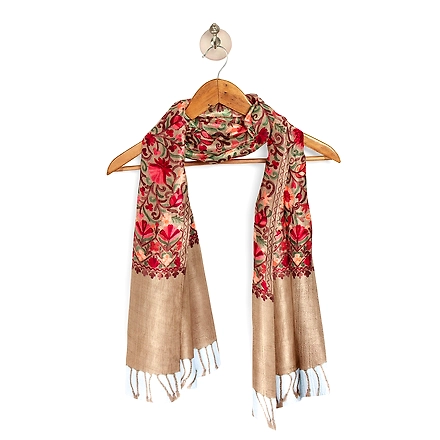 CASMIR Women BEIGE &amp; RED, Green Embroidered STOLE (S902)-BEIGE-5