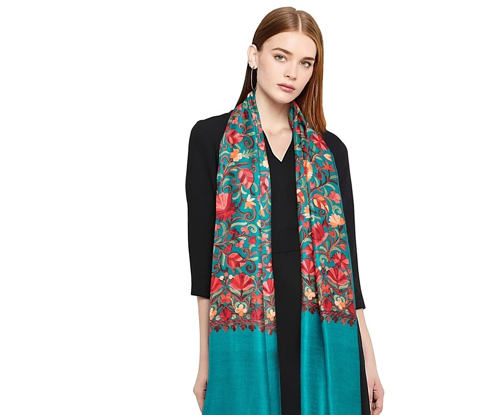 CASMIR Women FIROZI &amp; RED,Green Embroidered STOLE (S902)-S902-SEAGREEN