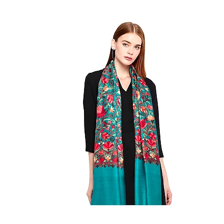 CASMIR Women FIROZI &amp; RED,Green Embroidered STOLE (S902)-S902-SEAGREEN