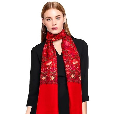 CASMIR Women RED &amp; RED, Green Embroidered STOLE (S902)-S902-RED