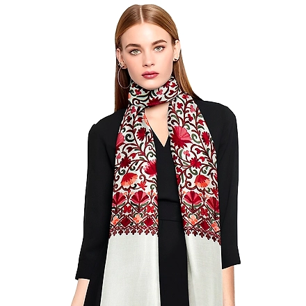 CASMIR Women CREAM &amp; RED, Green Embroidered STOLE (S902)-S902-CREAM