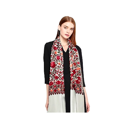 CASMIR Women CREAM &amp; RED, Green Embroidered STOLE (S902)-CREAM-3