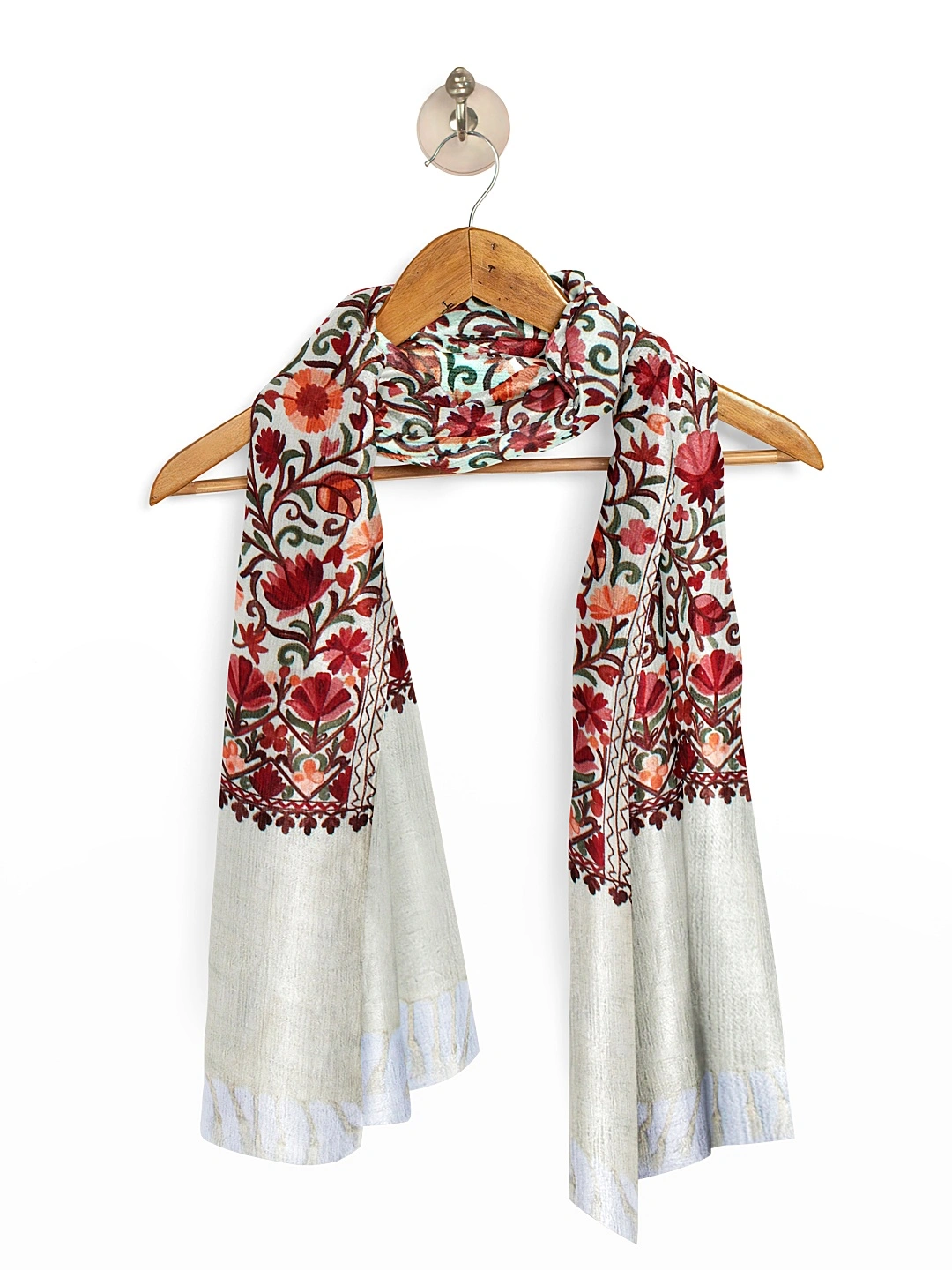 CASMIR Women CREAM &amp; RED, Green Embroidered STOLE (S902)-CREAM-5